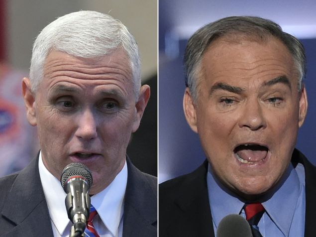 Republican Vice Presidential nominee and running mate Mike Pence (L) speaking during the Midwest Vision and Values Pastors and Leadership Conference at the New Spirit Revival Center in Cleveland Heights, Ohio on September 21, 2016, and US Democratic Nominee for Vice President Tim Kaine speaking during the Democratic National Convention at the Wells Fargo Center in Philadelphia, Pennsylvania, July 27, 2016. After a dramatic week of beauty queens, sex tape allegations and tax document leaks, the upcoming US vice presidential debate could feel like a throwback to simpler times. Featuring low-key career politicians who are easily confused, the match-up between Democrat Tim Kaine and Republican Mike Pence in Farmville, Virginia likely won't exude the reality show vibes Americans have come to expect in the 2016 presidential election. 