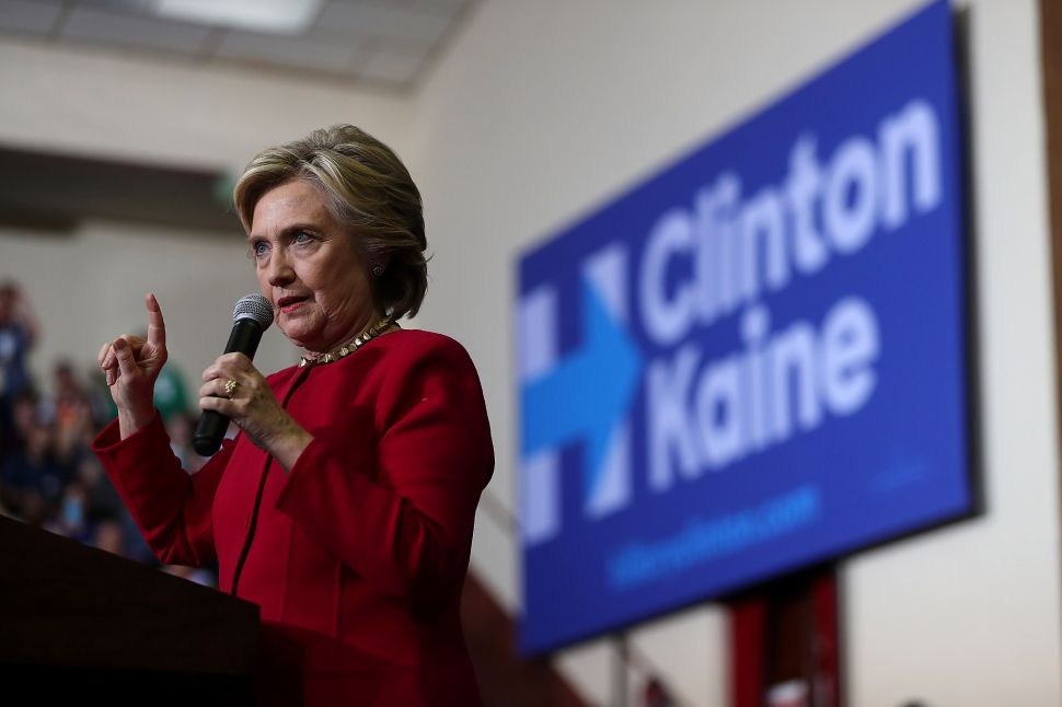 Democratic presidential nominee former Secretary of State Hillary Clinton speaks during a Pennsylvania Democrats voter registration event at Zembo Shrine on October 4, 2016 in Harrisburg, Pennsylvania. Hillary Clinton is campaigning in Pennsylvania.