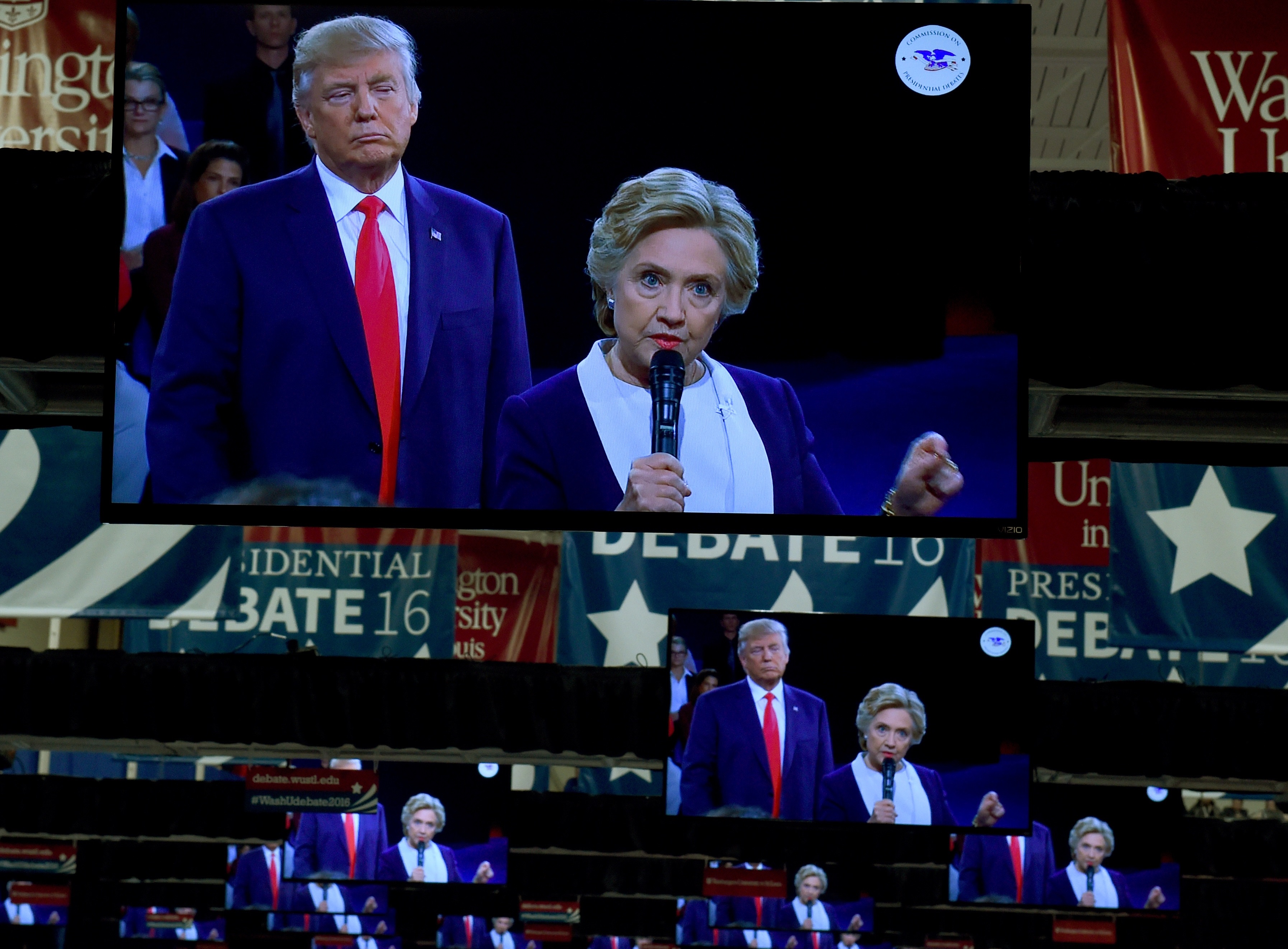 TV monitors in the press room at the second presidential debate.