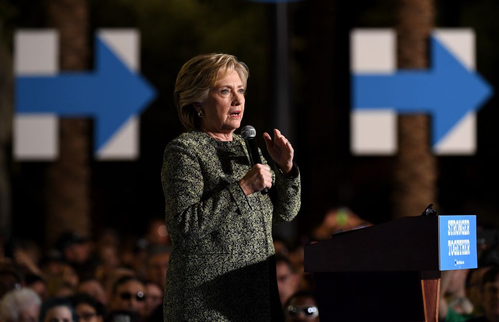 LAS VEGAS, NV - OCTOBER 12: Democratic presidential nominee Hillary Clinton speaks during a campaign rally at The Smith Center for the Performing Arts on October 12, 2016 in Las Vegas, Nevada. Clinton, who will return to Las Vegas for the final presidential debate on October 19, continues to campaign against her Republican opponent Donald Trump with less than one month to go before Election Day.