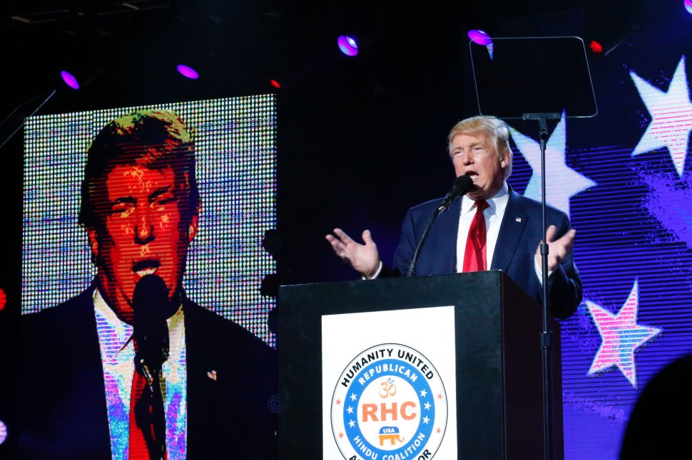 EDISON, NJ - OCTOBER 15: Republican presidential candidate Donald Trump speaks at the Republican Hindu Coalition's Humanity United Against Terror Charity event on October 15, 2016 at the New Jersey Convention & Expo Center in Edison, New Jersey. Trump also campaigned today in New Hampshire and Maine. 