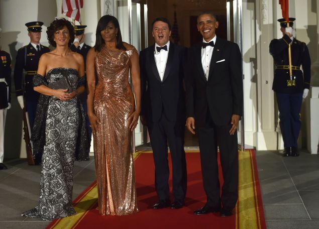 US President Barack Obama and First Lady Michelle Obama with Italian Prime Minister Matteo Renzi and his wife Agnese Landini.