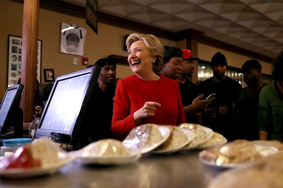 CLEVELAND, OH - OCTOBER 31: Democratic presidential nominee former Secretary of State Hillary Clinton greets patrons at Angie's Soul Cafe on October 31, 2016 in Cleveland, Ohio. With just over a week to go until election day, Hillary Clinton is campaigning in the battleground state of Ohio.