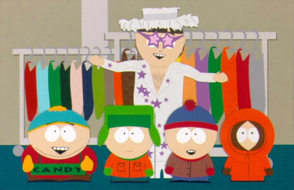 Characters from the cartoon TV show 'South Park', including Elton John (rear) with (from L to R) Kenny, Stan, Kyle and Cartman are featured in a 1998 episode