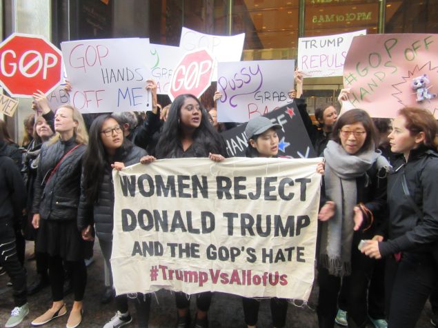 Women protested in front of Trump Tower against Republican presidential nominee Donald Trump over comments he made about how he used his fame to sexually assault women.