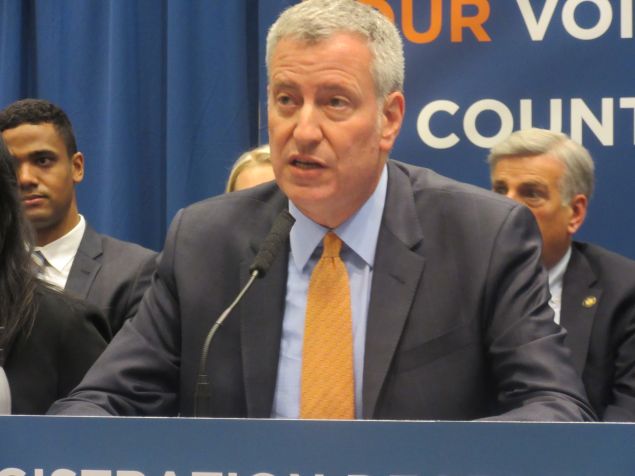 Mayor Bill de Blasio speaks at a press conference about New York's voter registration deadline.
