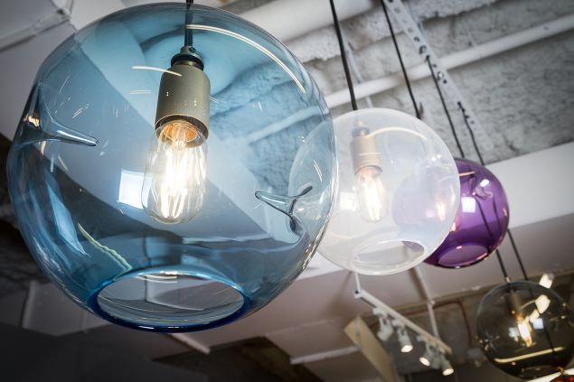 Finished glass globes at Glass Works in Brooklyn.
