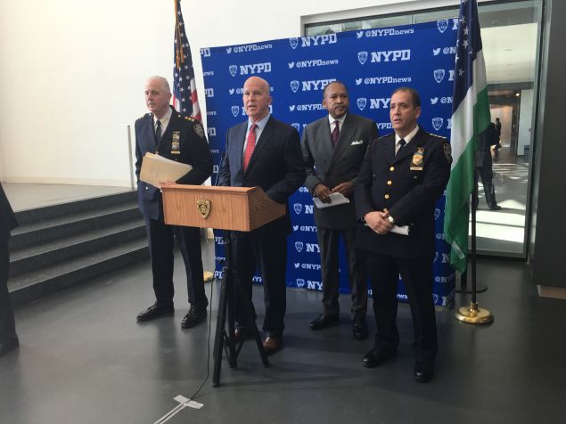 Police Commissioner James O'Neill addresses reporters following the NYPD's swearing-in ceremony at the Police Academy in College Point.