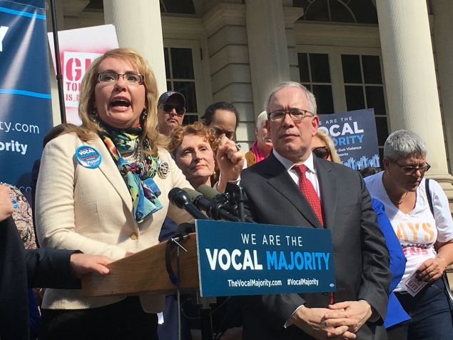 Former Congresswoman Gabrielle Giffords discusses gun violence prevention near City Hall steps.