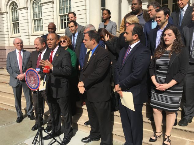 Brooklyn Congressman Hakeem Jeffries speaks at press conference condemning voter suppression attempts.