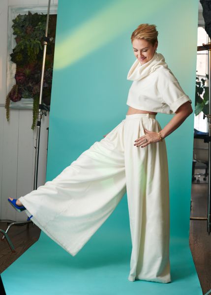 Lisa Salzer in bridal pants.