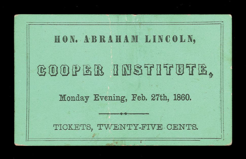 Ticket to Abe Lincoln's speech, 1860.