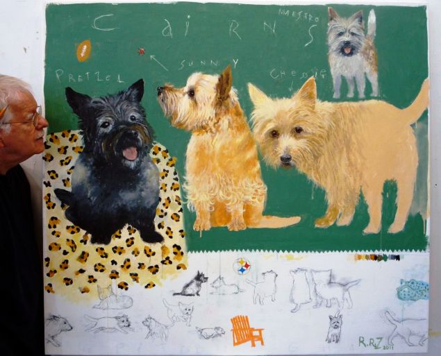 Robert Zakanitch with his painting, The Pittsburgh Four.