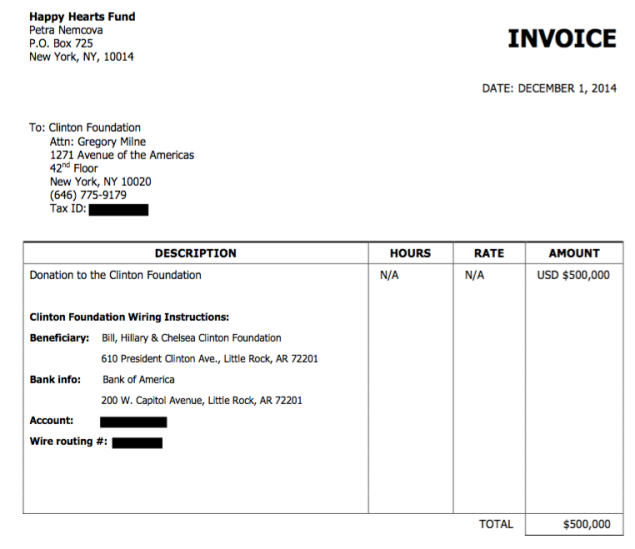 Clinton Foundation Happy Hearts invoice