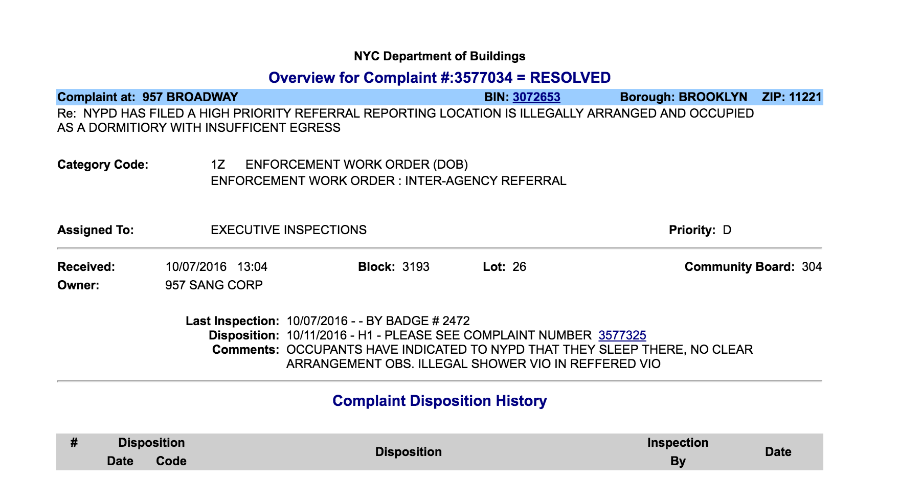 Screenshot of the NYPD's Emergency Complaint to the Department of Buildings