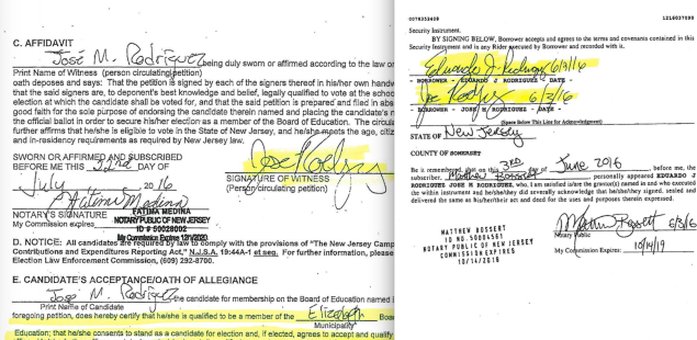 Rodriguez's signature on his nominating petition for reelection, left, and on the mortgage for the Warren property.