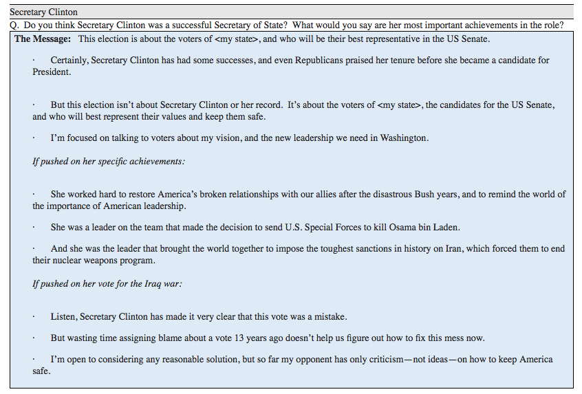 Talking points for Democratic Senate candidates.