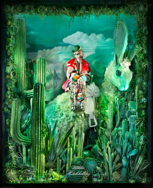 A Roberto Cavalli design sits in the Wild West themed window, titled The Hitch Hiker.