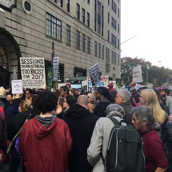 Protesters chant near Trump Tower after crossing the Queensboro Bridge.