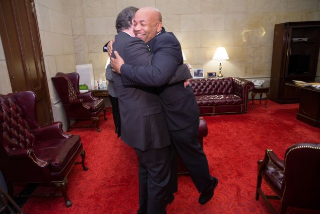 Gov. Andrew Cuomo and Assembly Speaker Carl Heastie embrace after cutting a deal on ethics reforms in 2015.