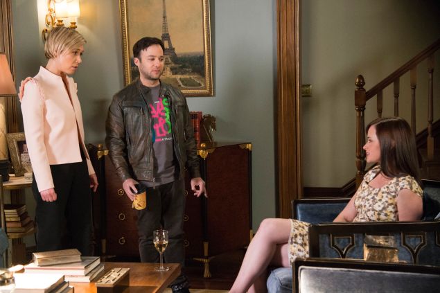 Liza Weil as Paris Geller, Danny Strong as Doyle McMaster and Alexis Bledel as Rory Gilmore.