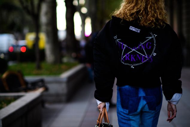 Gvasalia's Vetements designs, as seen outside of Mercedes Benz Fashion Week Tbilisi.