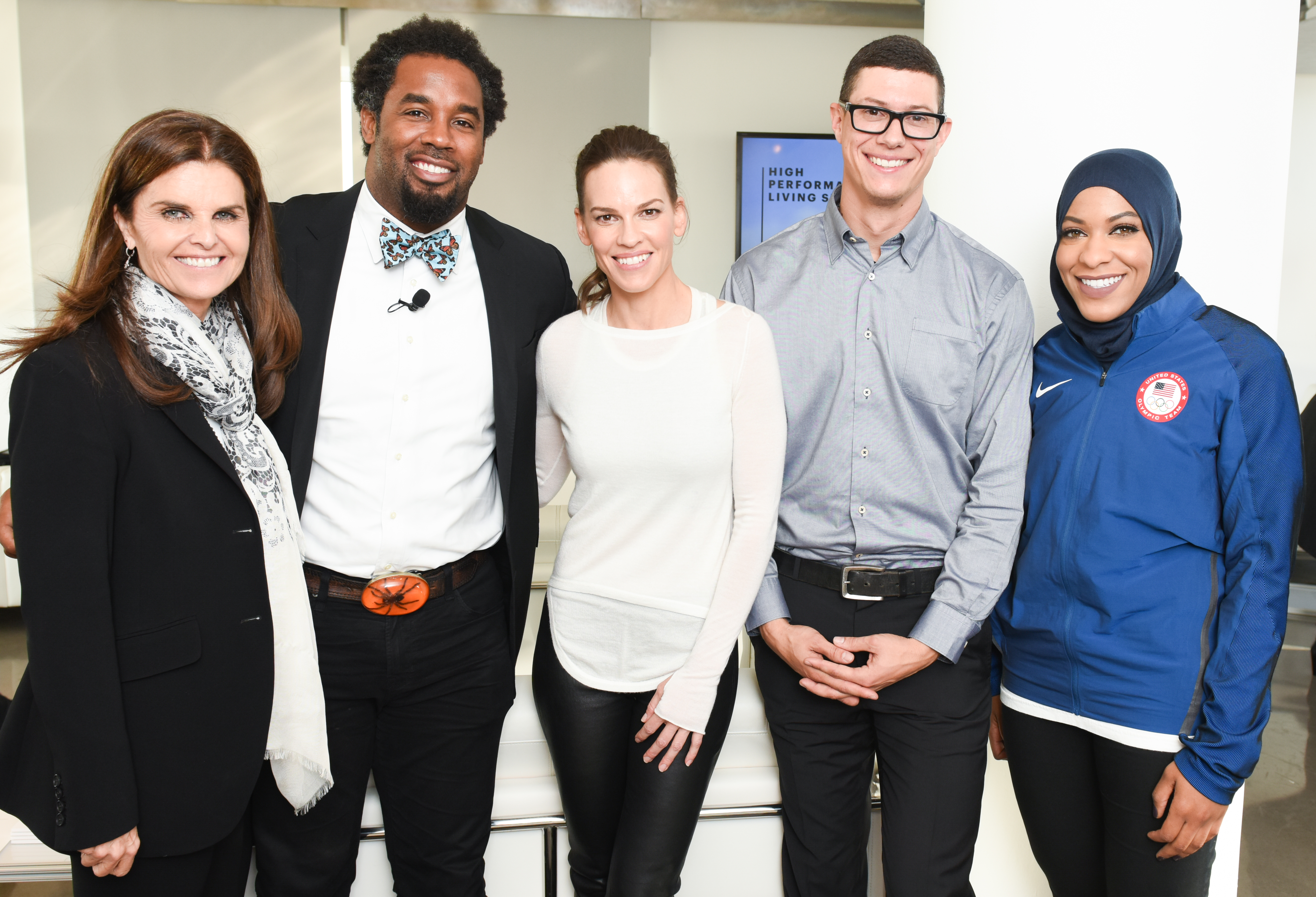 Maria Shriver, Dhani Jones, Hilary Swank, Charlie Linville, Ibtihaj Muhammad at Equinox 2016 High Performance Living Summit