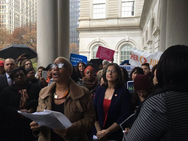 Councilwoman Laurie Cumbo speaks during the Women's Caucus rally.
