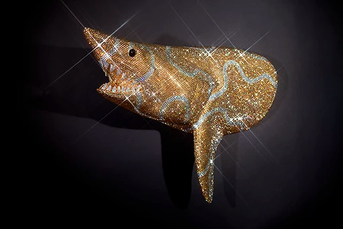 Kevin McHugh's brilliant crystal and pearl-covered disco sharks.