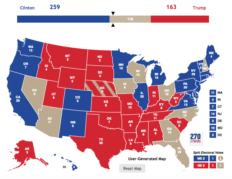 A map of the US showing the number of Electoral College votes per state, as well as the projected recipient of said votes.
