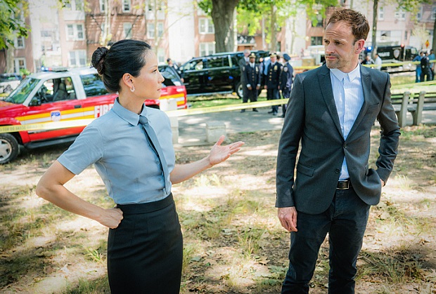 Lucy Liu as Joan Watson and Jonny Lee Miller as Sherlock Holmes.
