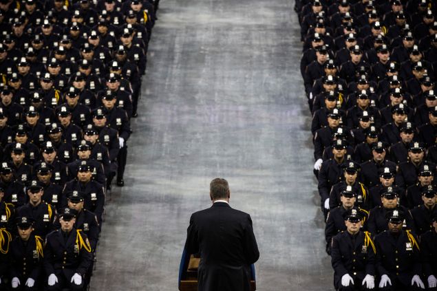 New York City Mayor Bill De Blasio speaks at the 2014 NYPD graduation ceremony.