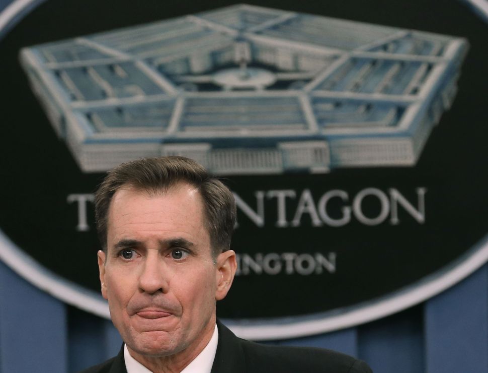 ARLINGTON, VA - JANUARY 09: Pentagon Press Secretary Rear Adm. John Kirby conducts a briefing at the Pentagon, January 9, 2015 in Arlington, Virginia. Rear Adm. Kirby spoke about Defense Secretary Chuck Hagel's schedule, and Department of Defense issues.