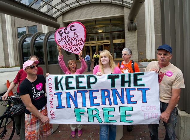 Protesters hold a rally to support "net neutrality," a precursor battle leading up to this year's fight over selling user data.