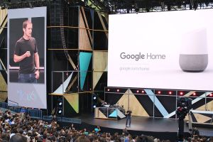 Google vice president of product management Mario Queiroz shows off a Google Home virtual assistant device that could challenge the Amazon Echo at the Internet firm's annual developers conference in the Silicon Valley city of Mountain View, California on May 18, 2016. / AFP / Glenn CHAPMAN (Photo credit should read GLENN CHAPMAN/AFP/Getty Images)