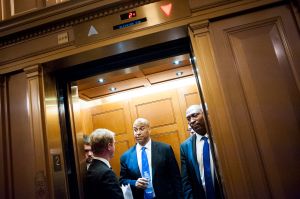 WASHINGTON, DC - June 15: Senator Cory Booker (D-NJ) leaves in an elevator after assisting Senator Chris Murphy (D-CT) in waging an almost 15-hour fillibuster on the Senate floor in order to force a vote on gun control on June 15, 2016 in Washington, DC. Murphy wants the Senate to vote on a measure banning anyone on the no-fly list from purchasing a weapon. (Photo by Pete Marovich/Getty Images)