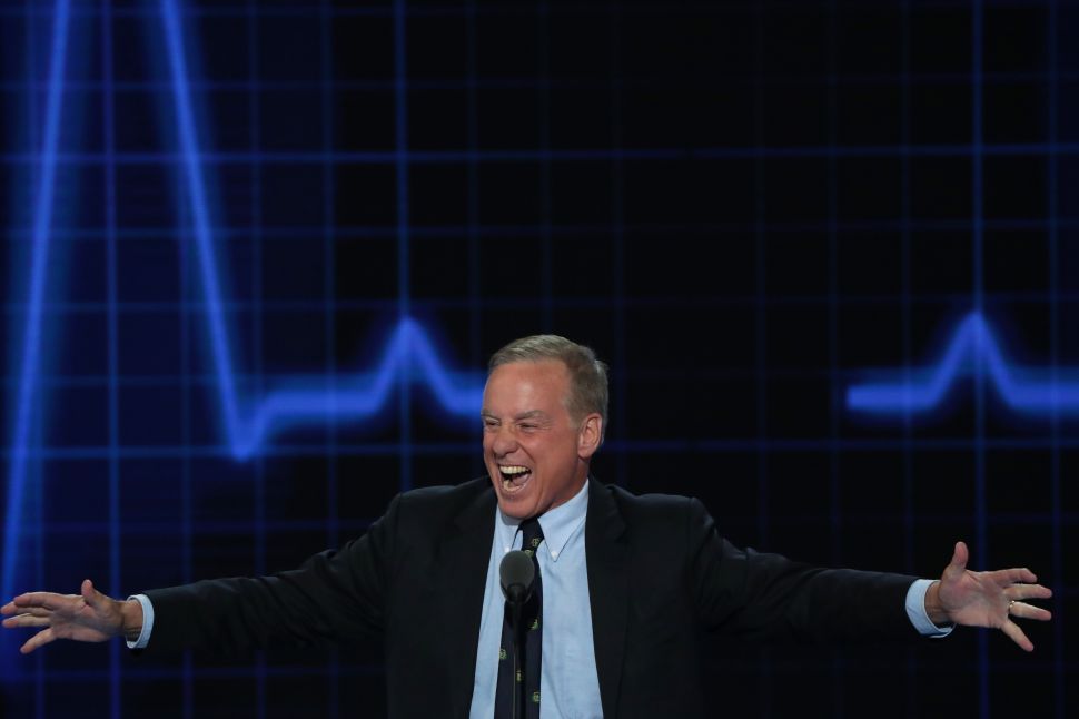Former Gov. Howard Dean reenacts his Iowa Caucus "Dean Scream" moment during closing remarks on the second day of the Democratic National Convention at the Wells Fargo Center, July 26, 2016 in Philadelphia, Pennsylvania.