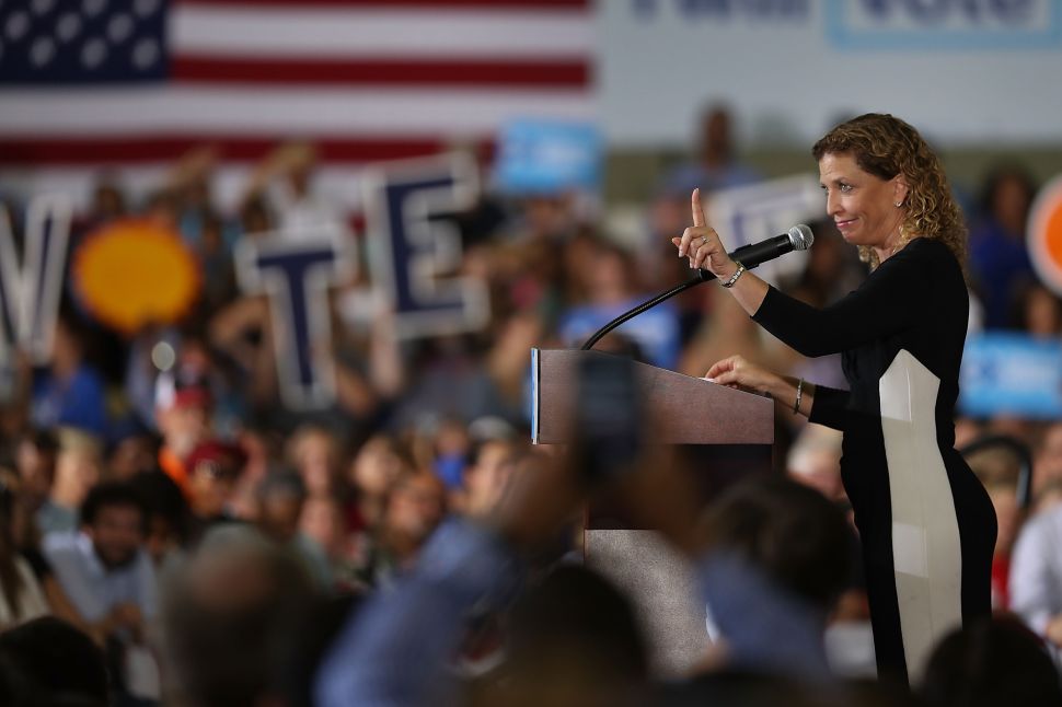 Rep. Debbie Wasserman Schultz speaks before the arrival of Democratic presidential candidate Hillary Clinton during a campaign rally at the Sunrise Theatre on September 30, 2016 in Coral Springs, Florida.