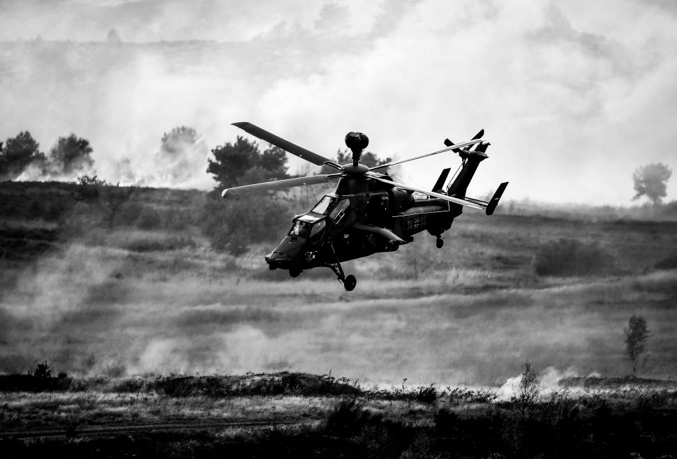 BERGEN, GERMANY - OCTOBER 14: (EDITOR'S NOTE: This image has been converted from color to black and white) The Tiger Helicopter of the German Armed Forces participates in the "Land Operations" military exercises during a media day at the Bundeswehr training grounds on October 14, 2016 near Bergen, Germany. The exercises are taking place from October 4-14. Nations across Europe having been strengthening their joint military capabilities and cooperation in recent years as a response to growing Russian military assertion that has included intervention in Ukraine and military flights into European airspace as well as the recent stationing of Iskander nuclear-capable missiles in Kaliningrad.