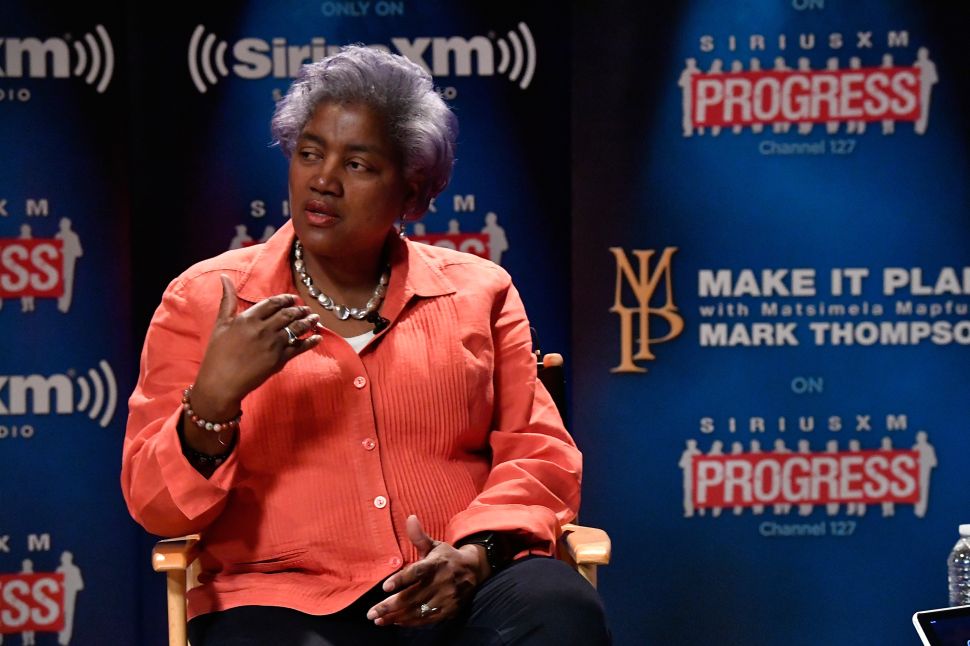 DNC Chair Donna Brazile speaks with host Mark Thompson during a "Leading Ladies" discussion at SiriusXM studios on October 17, 2016 in Washington, DC.