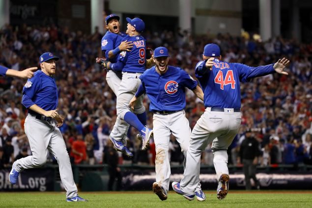 The Chicago Cubs celebrate after defeating the Cleveland Indians 8-7 in Game Seven of the 2016 World Series at Progressive Field on November 2, 2016 in Cleveland, Ohio.  