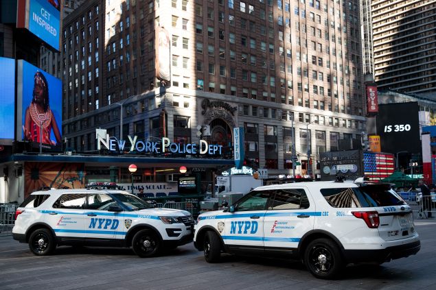 New York City Police vehicles parked in Times Square ahead of a press conference with Mayor Bill de Blasio and NYPD Commissioner James O'Neill on November 7 2016.