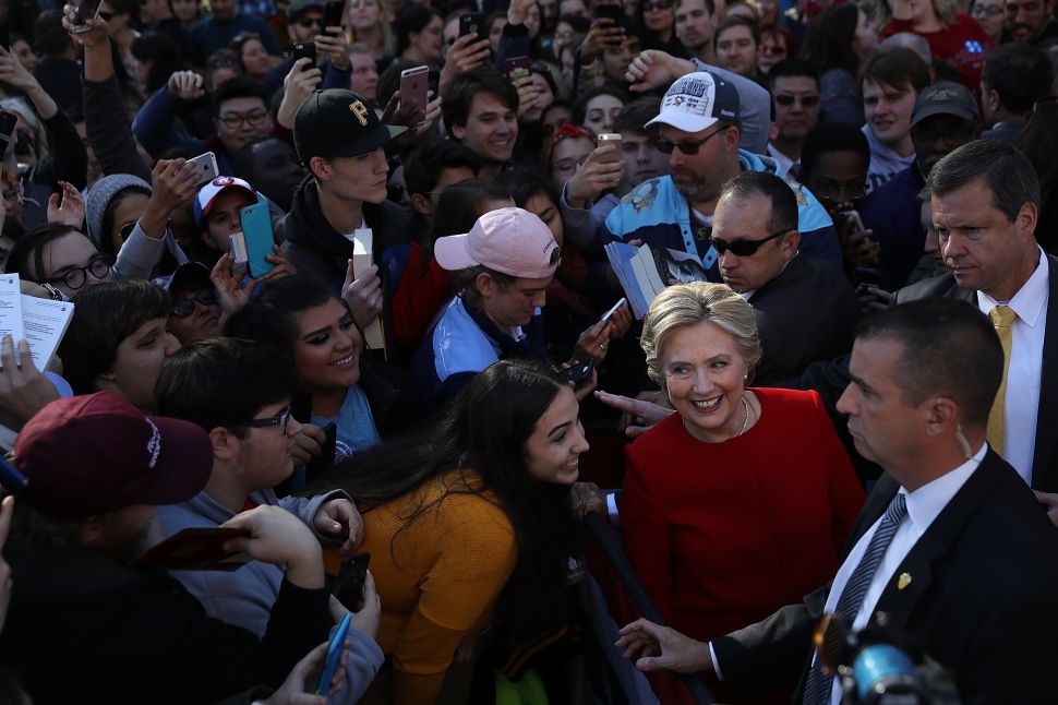 PITTSBURGH, PA - NOVEMBER 07: Democratic presidential nominee former Secretary of State Hillary Clinton greets supporters during a campaign rally on November 7, 2016 in Pittsburgh, Pennsylvania. With one day to go until election day, Hillary Clinton is campaigning in Pennsylvania, Michigan and North Carolina. 