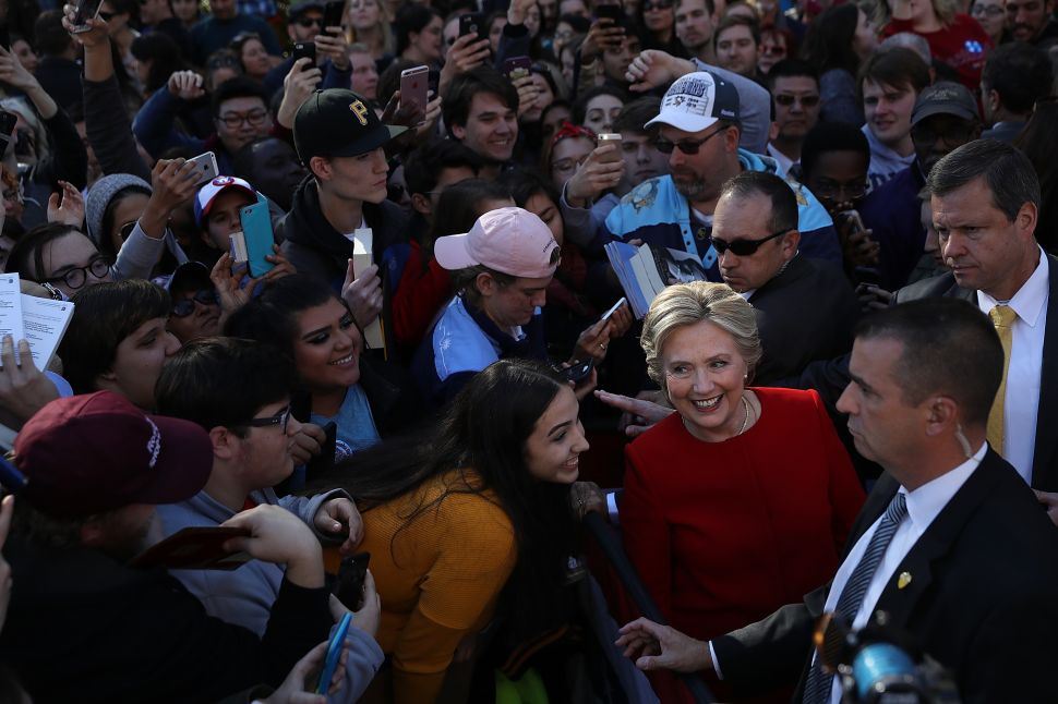 PITTSBURGH, PA - NOVEMBER 07: Democratic presidential nominee former Secretary of State Hillary Clinton greets supporters during a campaign rally on November 7, 2016 in Pittsburgh, Pennsylvania. With one day to go until election day, Hillary Clinton is campaigning in Pennsylvania, Michigan and North Carolina.