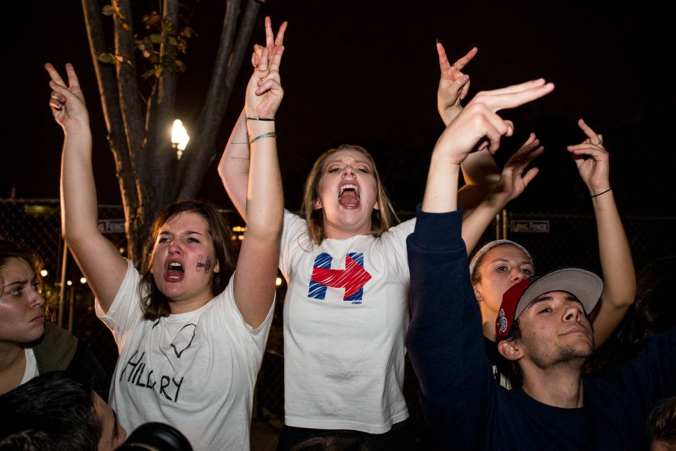 Hillary Clinton supporters chant in front of The White House while waiting for 2016 election return updates on November 9, 2016 in Washington, D.C., United States. 