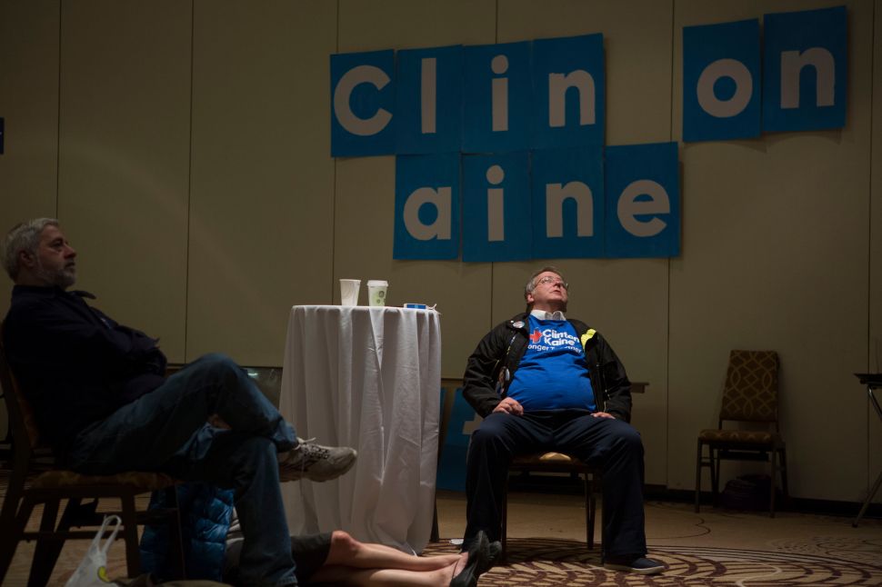 PHILADELPHIA, PA - NOVEMBER 8: People react to returns for the presidential race between Democratic nominee Hillary Clinton and Republican nominee Donald Trump at the election night party for Democratic Senate candidate Katie McGinty at the Sheraton Hotel on November 8, 2016 in downtown Philadelphia, Pennsylvania. McGinty lost to Republican incumbent Pat Toomey.