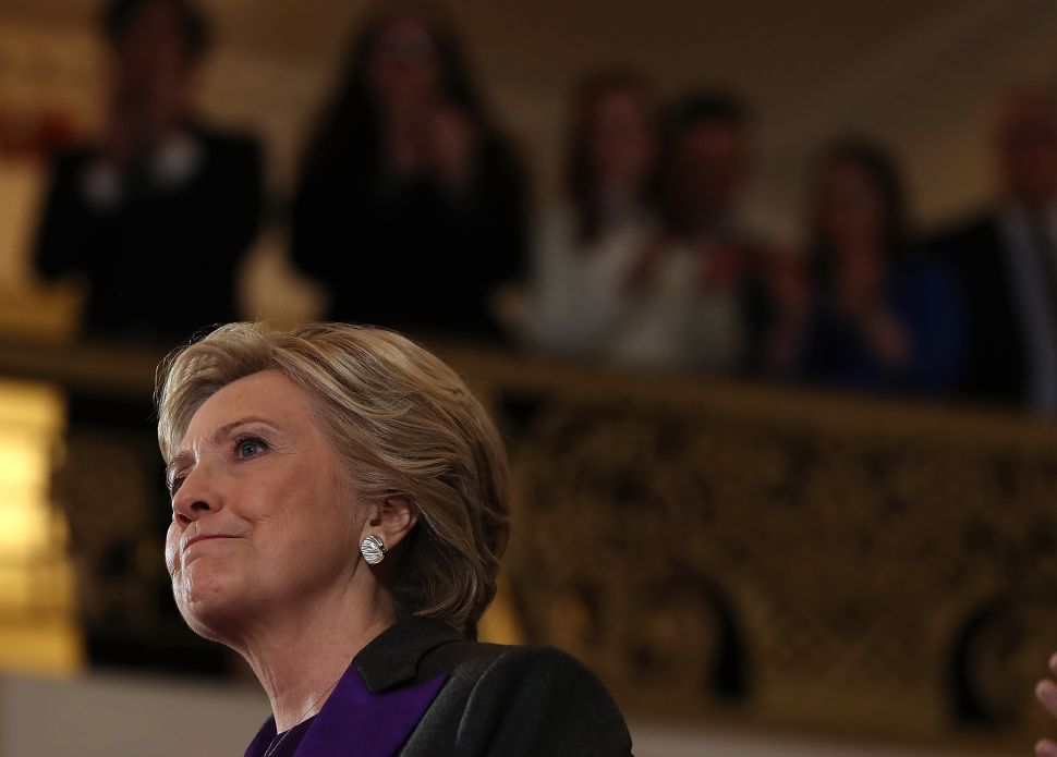 Former Secretary of State Hillary Clinton speaks during a news conference at the New Yorker Hotel on November 9, 2016 in New York City.