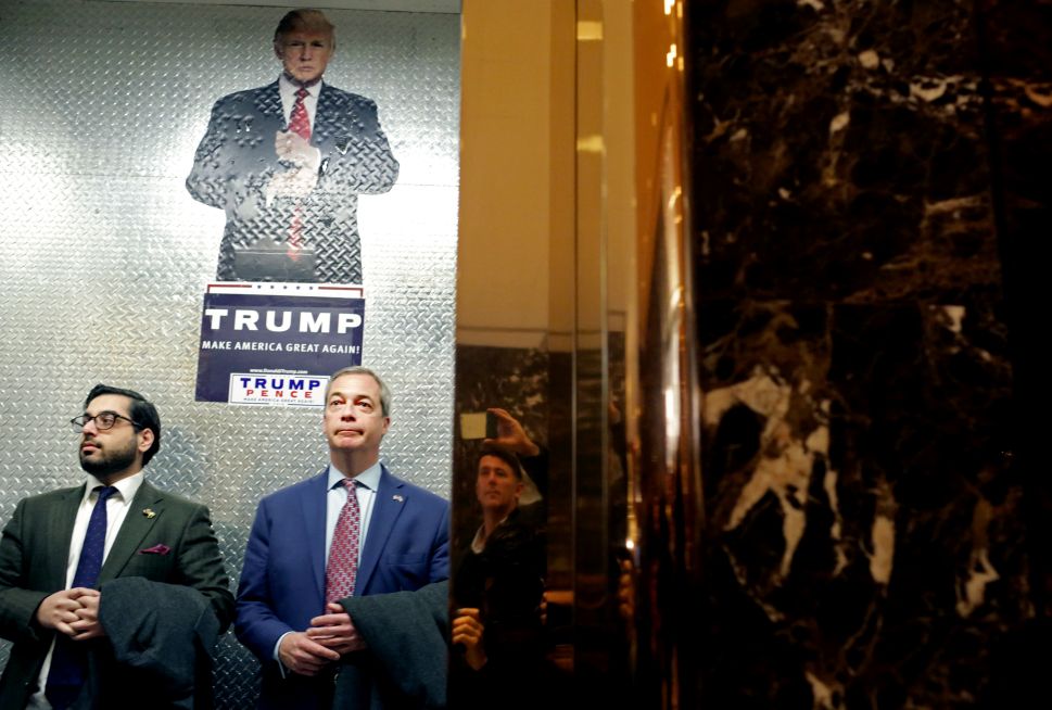 Nigel Farage (C), leader of the UK Independence Party, arrives to Trump Tower on November 12, 2016 in New York City. President-elect Donald Trump is holding meetings at his Trump Tower residence amid increased security in the area.