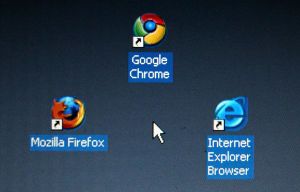 MUNICH, GERMANY - SEPTEMBER 06: In this photo illustration Google's Chrome browser shortcut, Google Inc.'s new Web browser, is displayed next to Mozilla Firefox shortcut and Microsoft's Internet Explorer browser shortcut, on an laptop. (Photo Illustration by Alexander Hassenstein/Getty Images)