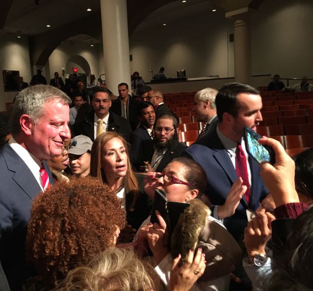 Mayor Bill de Blasio greets New York City residents following his anti-hate address at Cooper Union.